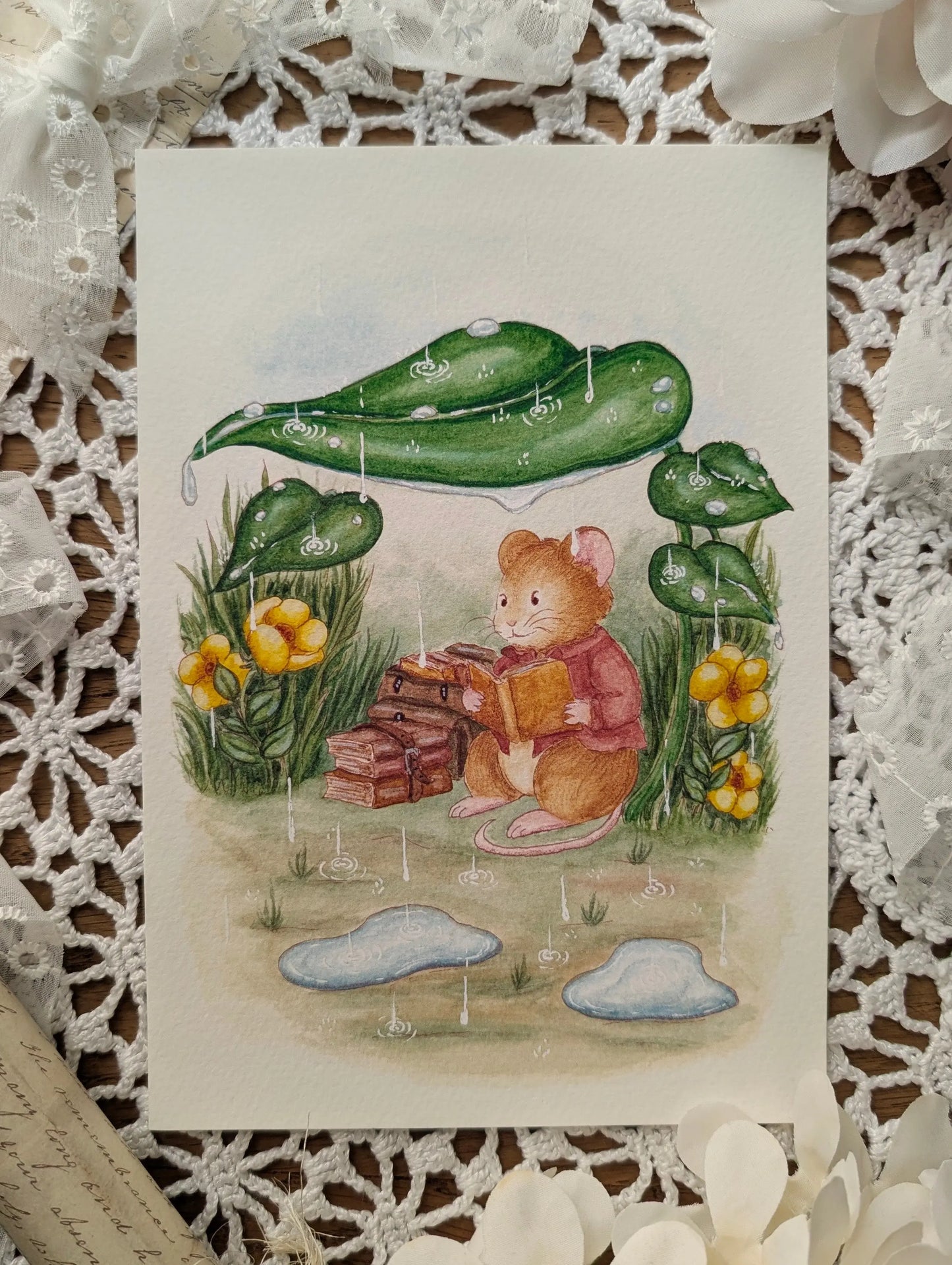 Illustration "Lecture sous La Pluie" Cosy Del Cottage