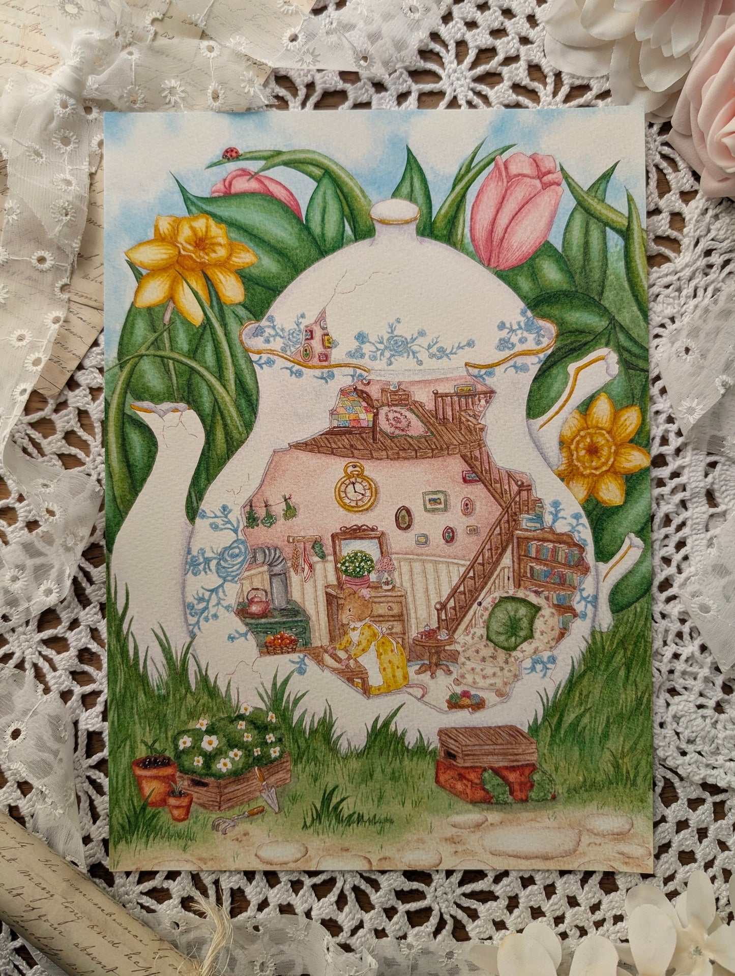 Illustration "La Théière dans La Prairie" Cosy Del Cottage