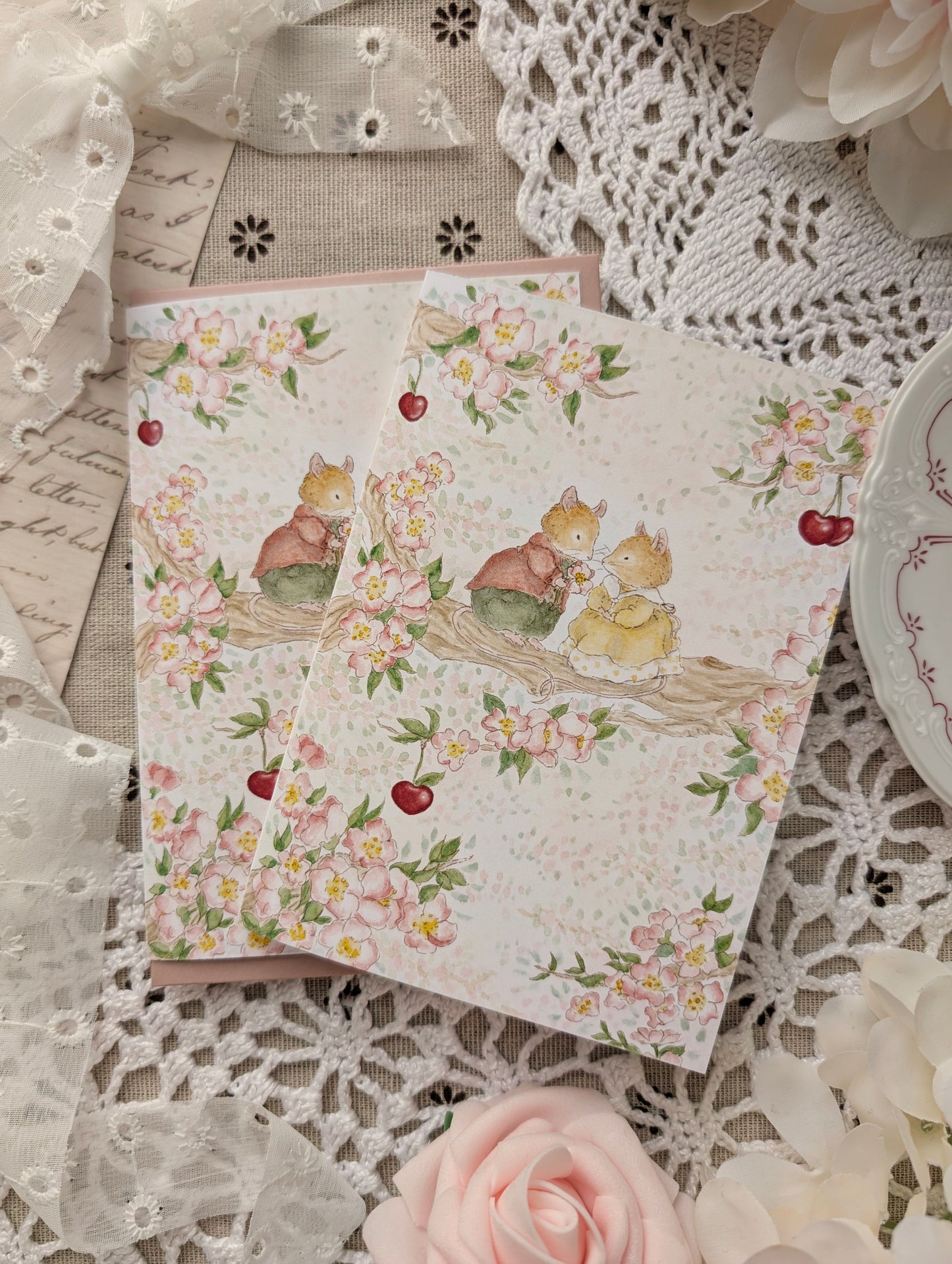 Carte pliée "Les Amoureux du Cerisier"