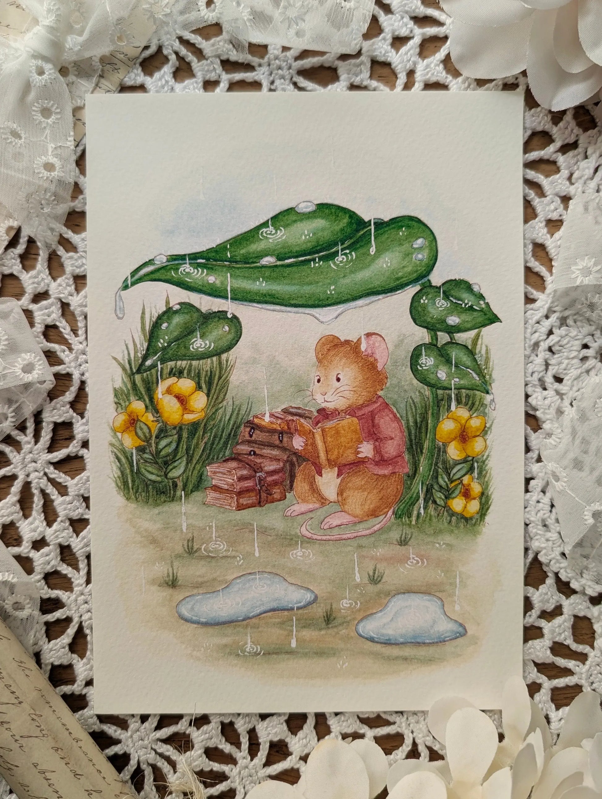 Illustration "Lecture sous La Pluie" Cosy Del Cottage