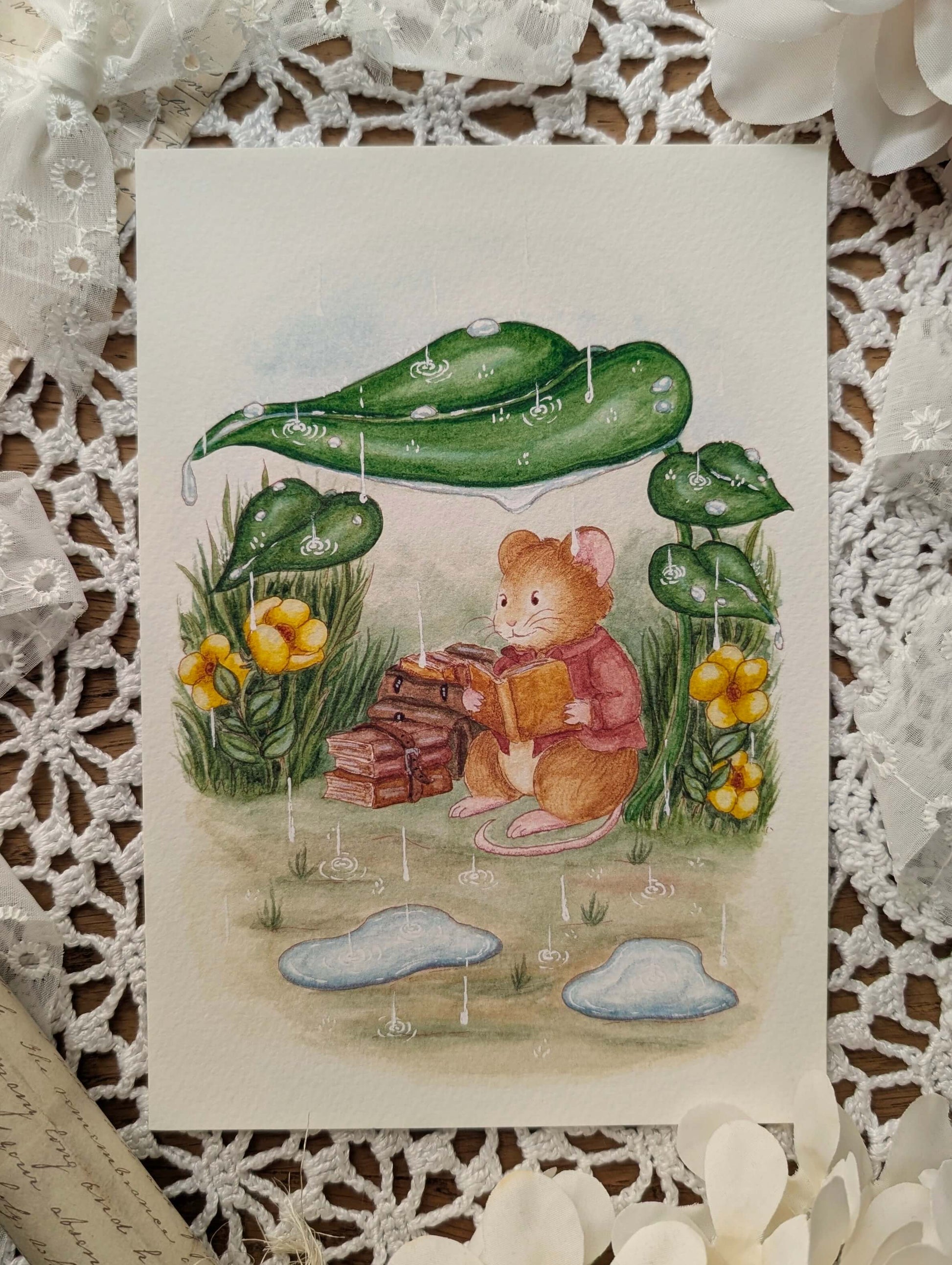 Illustration "Lecture sous La Pluie" Cosy Del Cottage